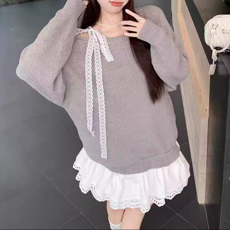 Lace Tie Oversized Patchwork Knitted Tee - fairypeony