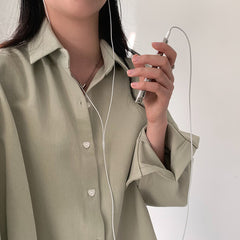 Solid Color Polo Collar Long Sleeve Loose Blouse