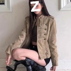 Suede Stand-Up Collar Short Jacket – Loose Fit Coat with Metal Buttons