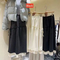 Stretch Waist Pleated Lace-Hem Midi A-Line Skirt – Sweet Autumn Wool-Feel Half Skirt