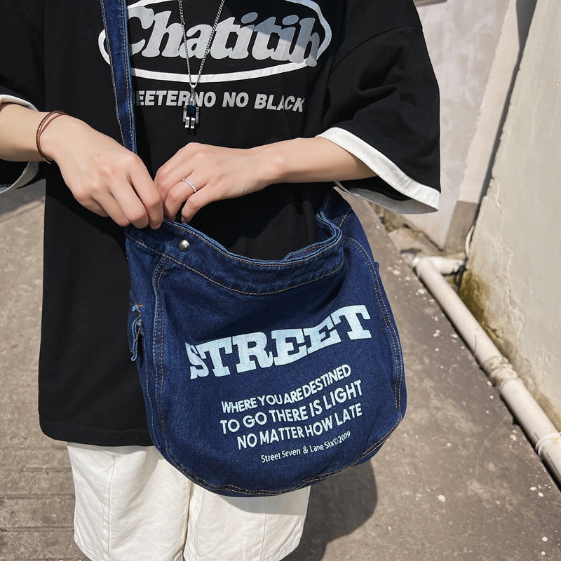 Denim Large Canvas Crossbody Bag - fairypeony