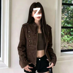 Suede Stand-Up Collar Short Jacket – Loose Fit Coat with Metal Buttons