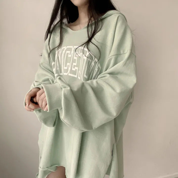Letter Print Oversized Hooded Long Sleeve Tee - fairypeony