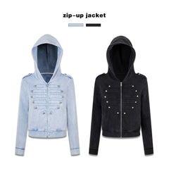 Vintage Hooded Sweater – Detachable Hood Metal Button Cotton Sweater in 2 Colours