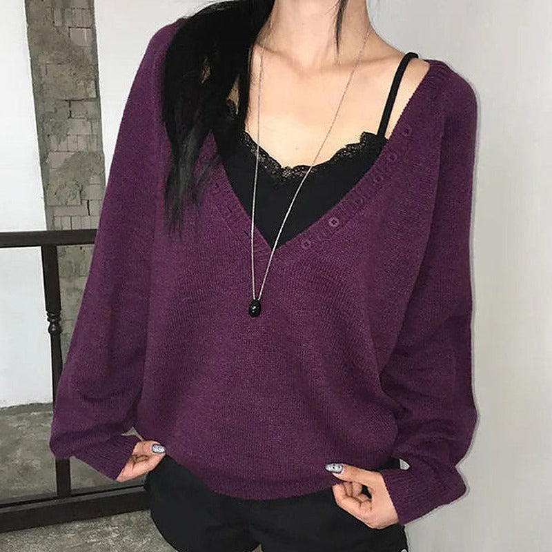 V-neck button knitted cardigan in purple, styled with shorts