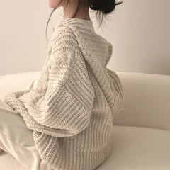 Over Fit Hooded Cable Knit Cardigan – Thick Chunky Button-Front Sweater Coat with Pockets in Cream & Gray (One Size)