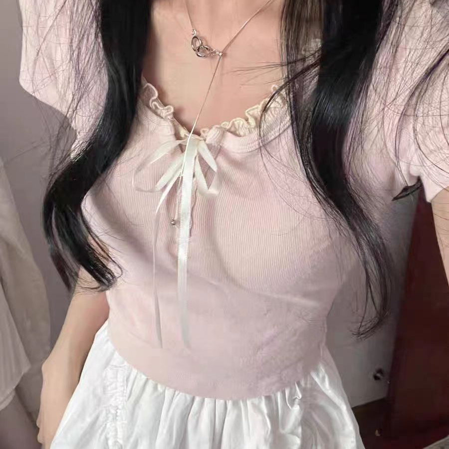 Coquette Tie Front Lace Trim Tee - fairypeony