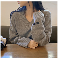 Dark Academia Solid Color V-Neck Pullover Sweater
