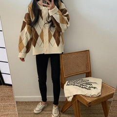 Vintage Argyle Print Oversized Cardigan