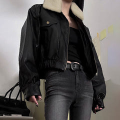 Vintage Fur Collar Pu Leather Zip Up Jacket