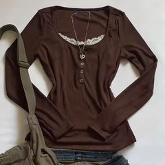 2000s Lace Panel Knit Top – Square Neck Button Detail in 4 Colours S–L