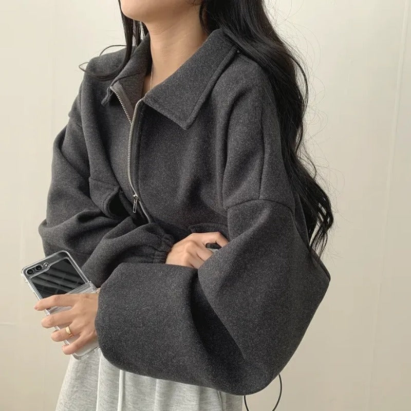 Solid Color Loose Double Pocket Wool Jacket - fairypeony