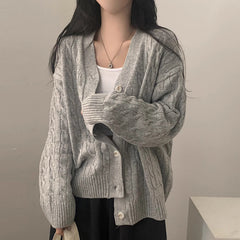 Solid Color V-Neck Loose Cable Knit Cardigan