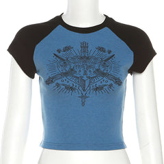 Punk Print Raglan Short Sleeve Crop Top - fairypeony
