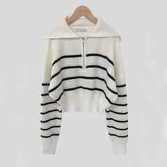 Vintage Striped Half Zip Up Cropped Sweater