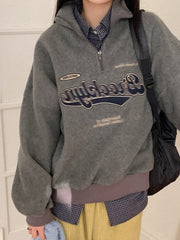 Half-Zip Fleece Sweatshirt Lapel Collar Loose Fit Long Sleeve Top