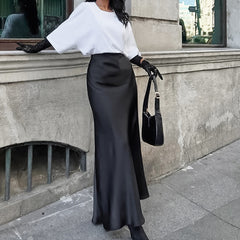 Solid Color Satin Maxi Skirt