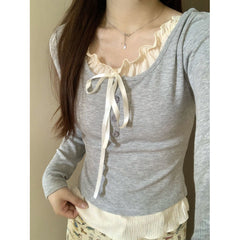 Ruffled Collar Bow Knot Long Sleeve Tee