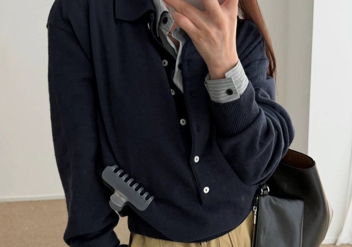 Long sleeve knit polo sweater in Navy Blue
