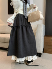 Stretch Waist Pleated Lace-Hem Midi A-Line Skirt – Sweet Autumn Wool-Feel Half Skirt