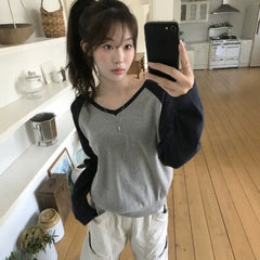 Women's V-Neck Colorblock Long Sleeve Knitted Sweater