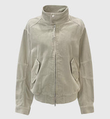 Stand collar zipper cotton jacket in beige, flat lay
