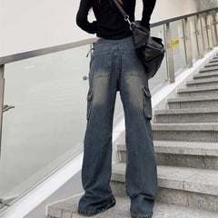 Zip Up Cargo Pocket Straight Leg Washed Jeans - fairypeony