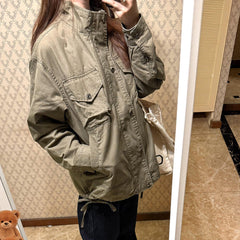 Retro Loose Stand Collar Jacket – 95% Cotton Work Jacket in Brown Green
