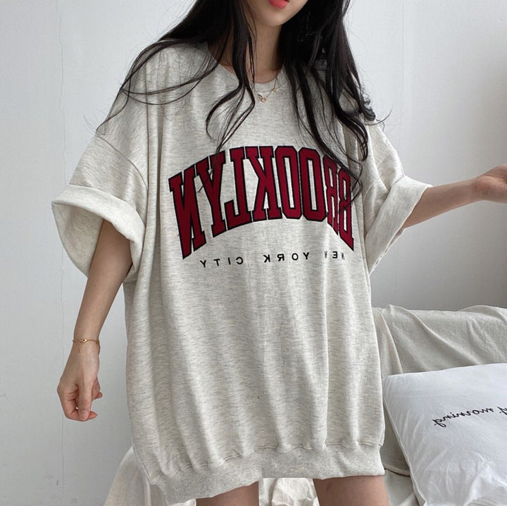 Embroidery Letter Oversized Half Sleeve Tee - fairypeony