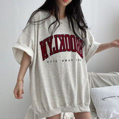 Embroidery Letter Oversized Half Sleeve Tee - fairypeony
