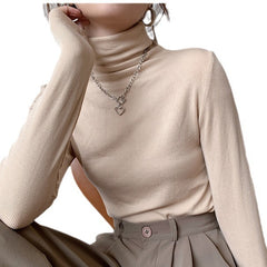 Solid Color Turtleneck Long Sleeve Knitted Tee