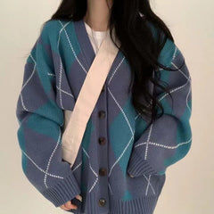 Argyle Print Oversized Preppy Cardigan