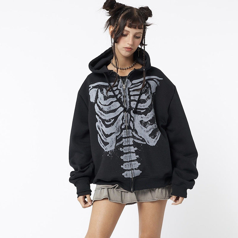 Skeleton Print Zip Up Loose Oversized Hoodie - fairypeony