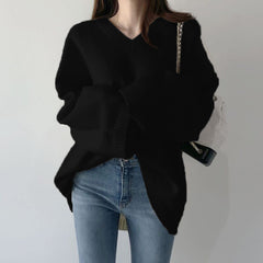 V-Neck Solid Color Loose Sweater