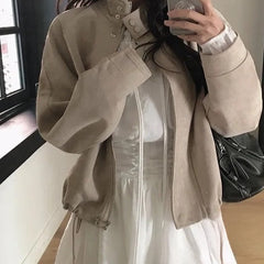 Swing drawstring deerskin fleece jacket in off-white, front view