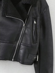 Lamb Wool Zip Up Pu Leather Jacket - fairypeony
