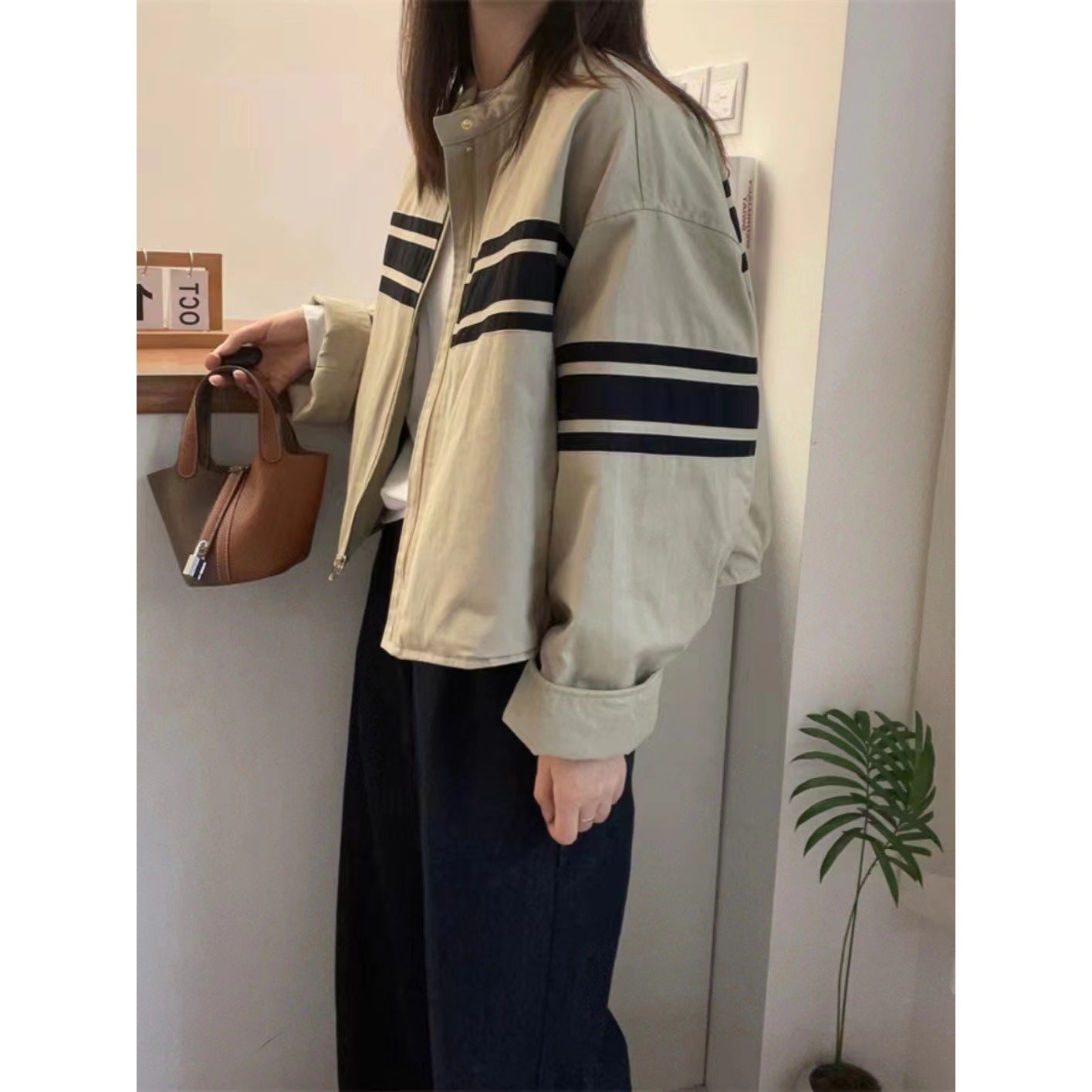 Striped Oversized Bomber Zip UP Jacket - fairypeony