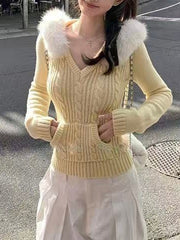 Twisted-knit hooded coat with a fluffy fur collar, slim-fit sweater for layering