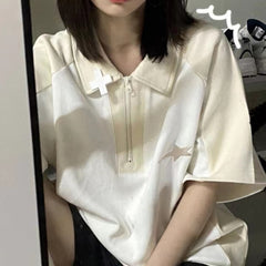 POLO Collar Half Zip Up Short Sleeve T-shirt - fairypeony