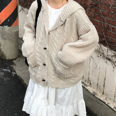 Oversized hooded cable knit cardigan in beige (Mi Xing), street style
