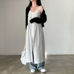 V-neck Single breasted Hollow Lace Midi Sling Dress