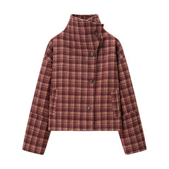 Women Stand Collar Wool Plaid Jacket