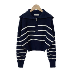 Vintage Striped Half Zip Up Cropped Sweater