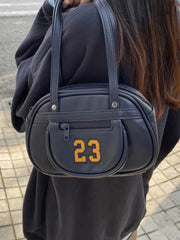 23 Embroidery Navy Blue Pu Leather Handbag