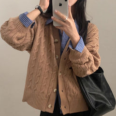 Solid Color V-Neck Loose Cable Knit Cardigan