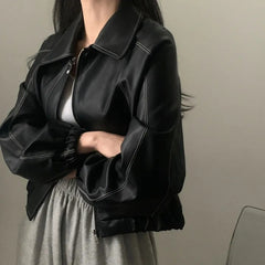 Vintage Sewing Detail Pu Leather Jacket