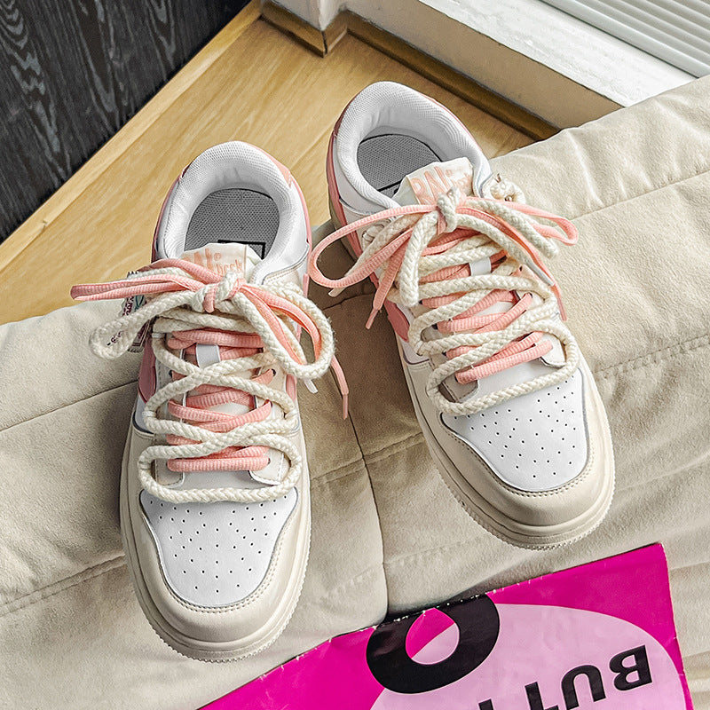 Vintage Heart Patch Pu Leather Paneled Sneakers - fairypeony