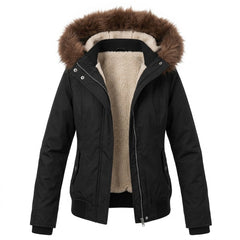 2000s Retro Fleece-Lined Hooded Jacket – Fur Trim Zip-Up Bomber in Black S–XL