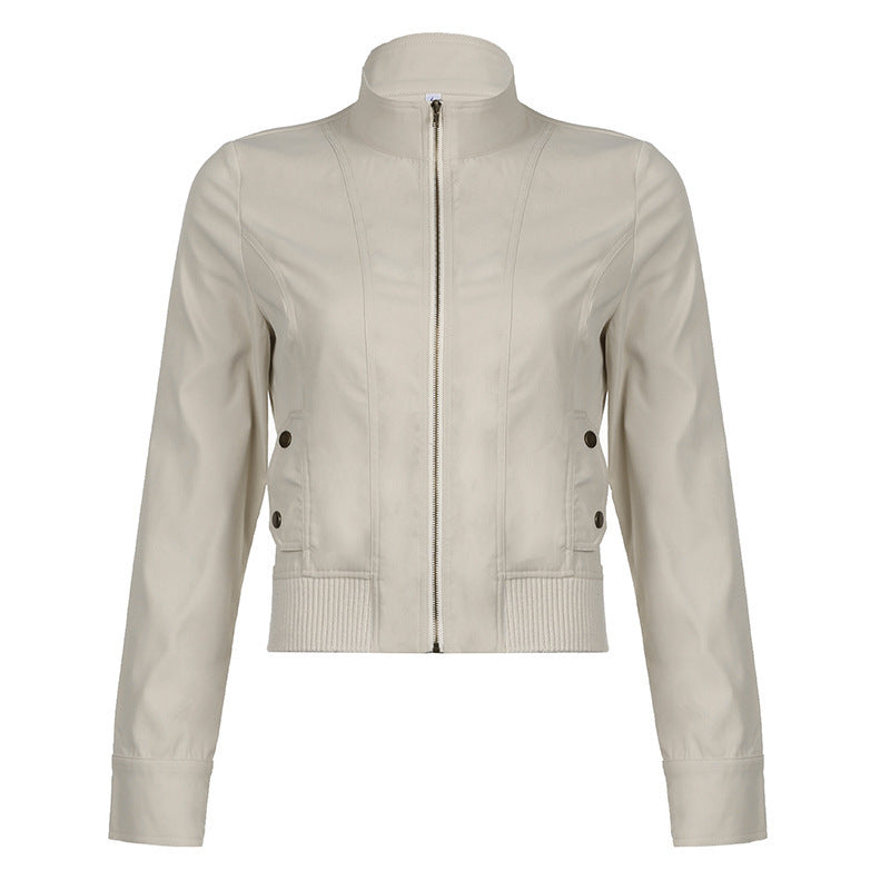 Lapel collar zip-up workwear jacket in cream white, product shot