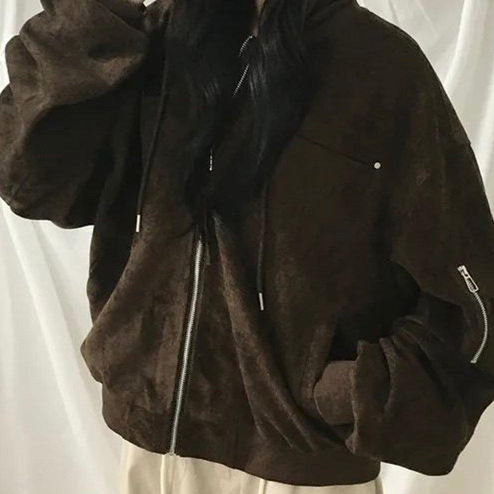 Faux two-piece hooded biker jacket in brown, hood up